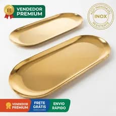 Kit 2 Bandeja Dourada Aço Inox Inoxidável Espelhada Oval Luxo Decoração Casa Banheiro Cozinha