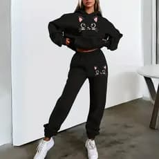 Conjunto Feminino Moletom Capuz Bolsos Calça Moletom Rostinho Gatinho Minimalista Algodão Forrado