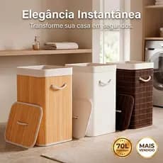 Cesto de Bambu 70L Organizador Elegante com Tampa e Alças Premium | Lavanderia Banheiro Quarto
