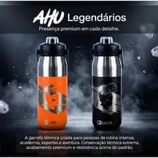 garrafa térmica Inox 750ml AHU Legendários Alça Tampa 24h Gelado Academia Esportes Preto Laranja