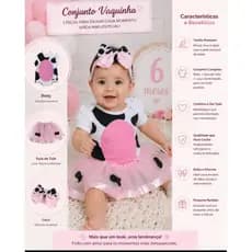 Kit 3 peças Body Menina Temático Vaquinha Com Saia Tutu e Laço, mesversário, Roupa de Menina