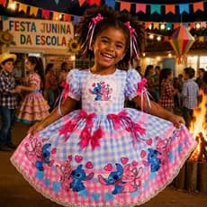 Vestido Festa Junina Infantil Stitch Angel Xadrez Caipira Caipirinha São João Arraiá Luxo