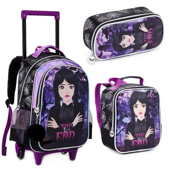 Kit Mochila Escolar Infantil Rodinha Estojo Lancheira Menina Feminino Vampirinha The End Vandinha Wandinha