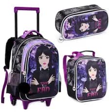 Kit Mochila Escolar Infantil Rodinha Estojo Lancheira Menina Feminino Vampirinha The End Vandinha Wandinha