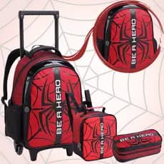 Kit Mochila Rodinha Escolar Infantil Grande Menino com Alça Top Personagens Lancheira Estojo