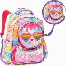 Mochila Infantil Escolar Menina Gatinha Personagem Feminina Grande Costas Creche Kit Rodinha Estojo