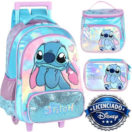 Original Stitch kit Mochila Rodinha Lancheira Estojo Box Infantil Disney Grande Menina Escolar Feminina