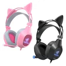 Fone Headset Gamer Gatinho com Fio e LED RGB Fone de ouvido- Orelhas Removíveis, Microfone e Controle de Volume