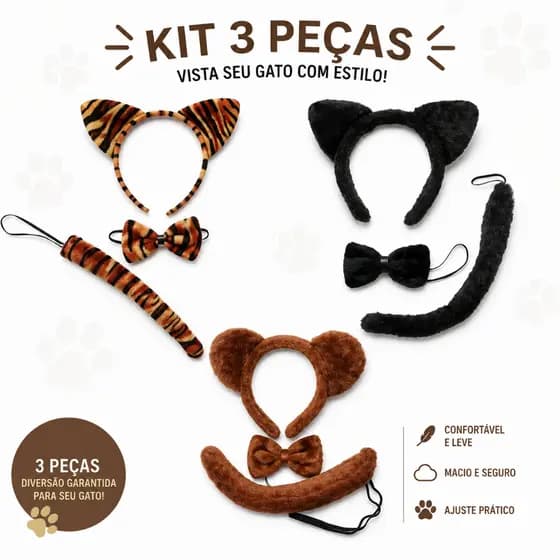 Kit Gato Tiara Rabinho e Gravata Fantasia de Gato Onça tigre e Urso para Festas e Carnaval halloween