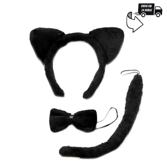 Kit Gato Tiara Rabinho e Gravata Fantasia de Gato Onça e tigre para Festas e Carnaval