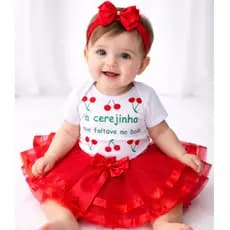 Kit A Cerejinha Que Faltava No Bolo Body Mesversário Menina com Laço e Tule de Luxo
