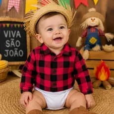 Body Bebê Festa Junina Xadrez Roupa São João Menino Look Caipira Confortável Manga Longa