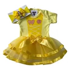 Body Menina Bebê Mesversário Kit 3 Peças Princesa Fantasia Bela e a Fera Saia Dupla e Laço