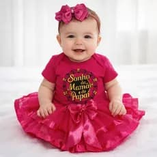 Body Bebê Mesversário Sonho da Mamãe e do Papai Kit Luxo com TULE DE LUXO e Laço