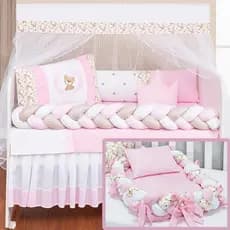 Kit Berço Urso Teddy Rosa Menina Trançado Padrão Americano + Ninho Trança Floral Rosa 15 Peças