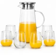 Kit Jarra Borossilicato Tampa Inox 1,9 Litros + 6 Copos 450ml Agua Suco chá transparente
