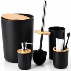 Kit Banheiro 4 Peças Bambu Preto Fosco Lixeira Com Tampa Higiênica Dispenser Sabonete Liquido Escova Sanitária