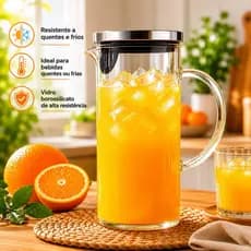 Jarra Vidro Borossilicato Tampa Inox Hermética Agua saborizada Suco Chá Transparente