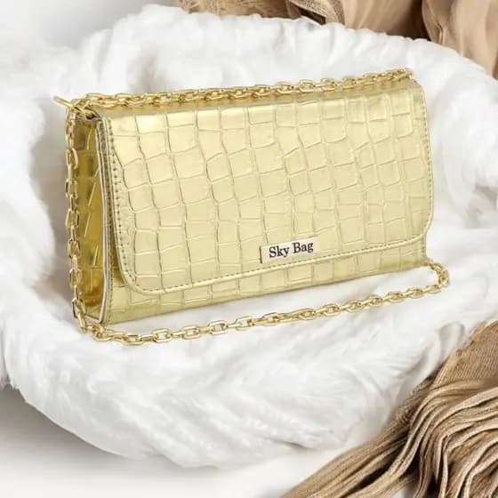 Bolsa Festa Dourada Ouro Transversal e Ombro em Croco Verniz