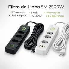 Filtro de Linha 5 Metros 2500W com 3 Tomadas + 2 USB + 1 Tipo-C Bivolt com Interruptor