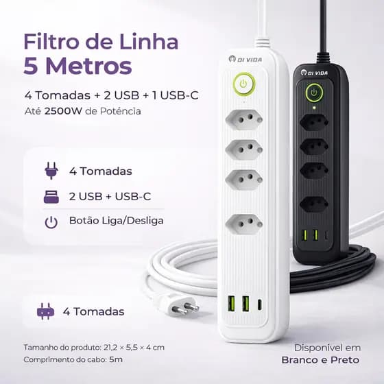Filtro de Linha 4 Tomadas 2500W 2 USB + 1 USB-C Cabo 5 Metros Bivolt Padrão Brasileiro