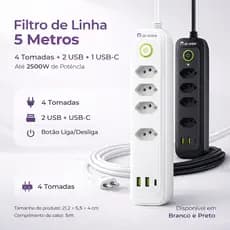 Filtro de Linha 4 Tomadas 2500W 2 USB + 1 USB-C Cabo 5 Metros Bivolt Padrão Brasileiro