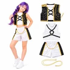 Fantasia Guerreira K-pop Luxo Completa com Colete Shorts Camisa e Pingente para Apresentação Cosplay（Modelo preta A）