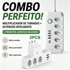 Kit 2 Pçs: Extensão 6 Vias com USB Smart + Redutor de Tomada 3 em 1 - Ideal para Escritório e Home Office