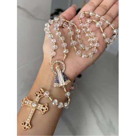 Terço Noiva Cristal Nossa Senhora Aparecida Rosa 48cm