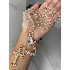 Terço Noiva Cristal Nossa Senhora Aparecida Rosa 48cm