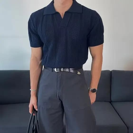 Malha oca malha Polo camisa de manga curta masculina tendência verão coreano luz estilo maduro masculino High-End lapela