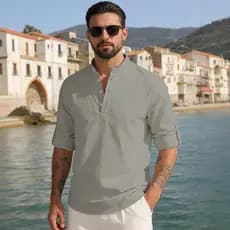 Masculino gola cor sólida manga longa algodão linho meio botão Casual esportes textura solta camisa respirável