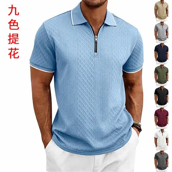 Novo produto transfronteiriço americano pesado verão masculino simples Retro textura solta zíper camisa POLO de manga cu
