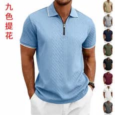 Novo produto transfronteiriço americano pesado verão masculino simples Retro textura solta zíper camisa POLO de manga cu