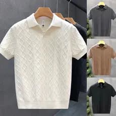 Camisa P POLO com decote em V gola gaivota suéter de manga curta masculino lapela texturizada estilo dinheiro antigo T @