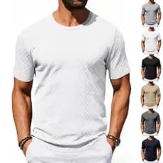 Camiseta masculina texturizada Jacquard de manga curta cor sólida com gola redonda