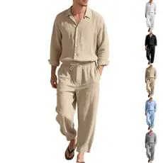 Quatro estações de linho masculino terno calças soltas praia fina camisa de manga comprida terno masculino