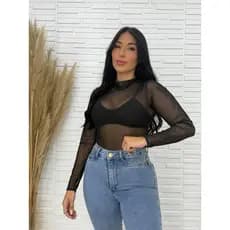 Body de Tule Manga Longa Influencer Moda Feminino Inverno Transparente