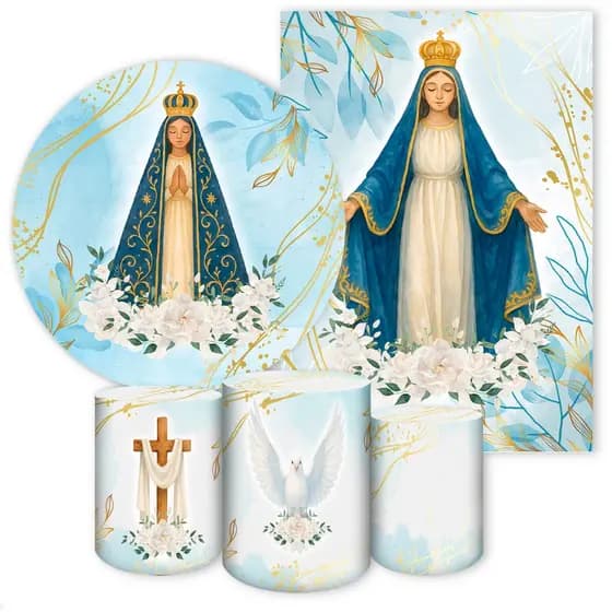 Kit Painel e Capa Sublimatica Para Festa Religiosa com Tema Nossa Senhora Painel Redondo Retangular