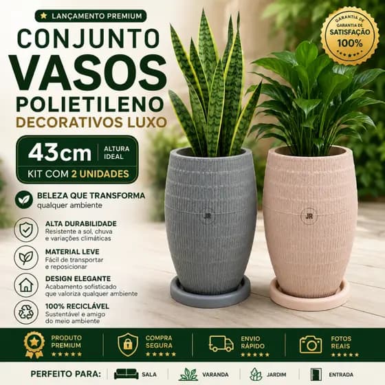 Kit Vasos Decorativos Polietileno 43cm Luxo Moderno Grande Jardim Sala Varanda