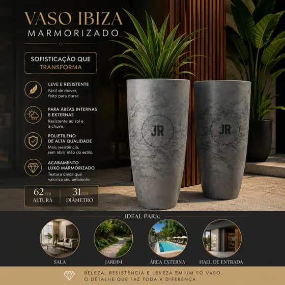 Kit 2 Vasos Polietileno Marmorizado Ibiza 62x31 Luxo Decorativo Jardim Sala Varanda 30L