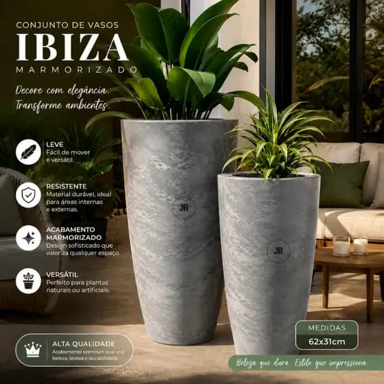Vasos Grandes Decorativos Marmorizados 62cm Luxo Conjunto 2 unidades Moderno Jardim Sala Varanda