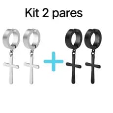 Kit 2 Pares Brinco Pressão Cruz Masculino Preto Prata Brinco de Pressão Aço inox