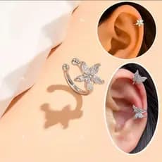 2 Pecas de Brincos de Clip Flor/Borborletas de Cristal  Sem Furo