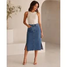 Saia Jeans Midi Feminina com Fenda Frontal Cintura Alta