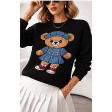 Blusa Tricot Feminina Ursinho Bordado Manga Longa Inverno Casual Moda Blogueira