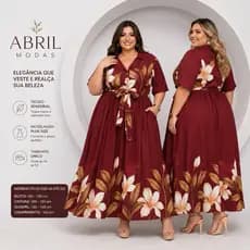 Vestido Plus Size Longo Estampado Floral Manga Curta com Bolsos Moda Evangélica Premium