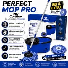 Mop Esfregão Giratório 360° Condor Perfect Mop Pro Balde 16L Cabo Grande Centrífuga Inox Com Refil Extra