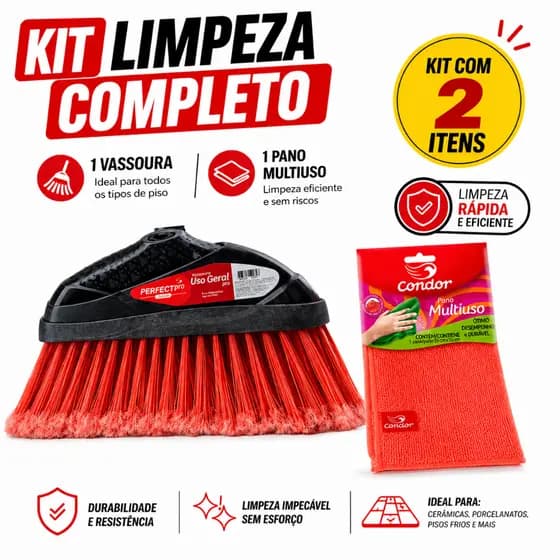 Kit Limpeza Completo Vassoura Sem Cabo + Pano Multiuso Condor