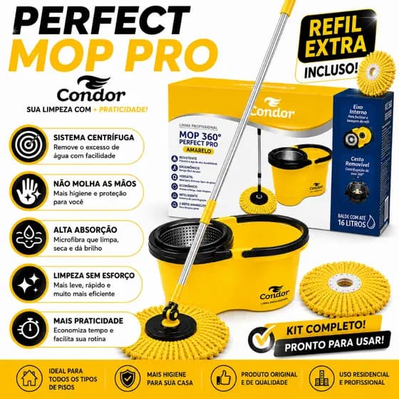 Esfregão Condor Perfect Pro Mop Profissional 360° Balde Inox Cabo Longo Microfibra 16L Com Refil Extra